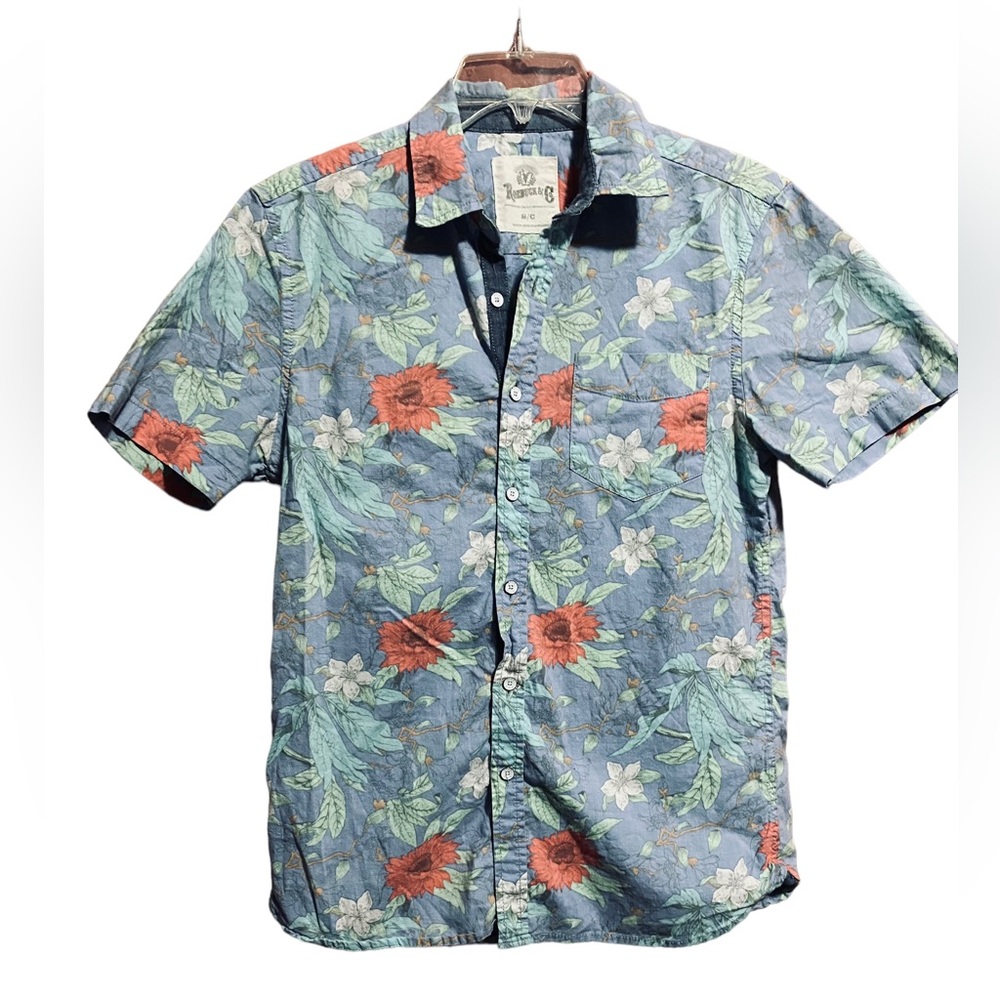 Roebuck & Co Men’s Floral Cotton Button-Down Shirt Light Blue Size Small